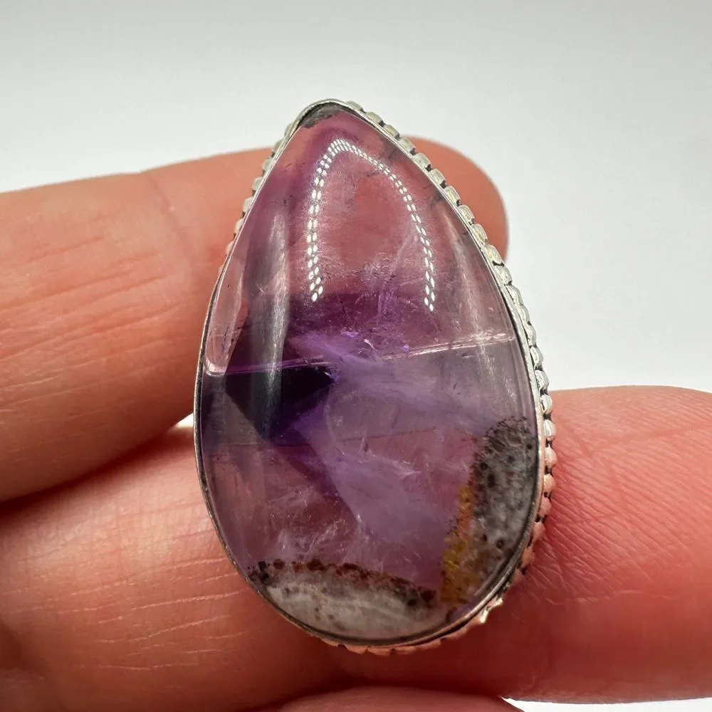 16x26mm Pear‎ cut Trapiche Amethyst Cabochon ring in plated 925!